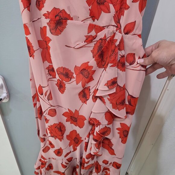 Eliza J Pink Floral Faux Wrap Midi Dress Size 6 Adjustable Straps Double Lined - Picture 5 of 10